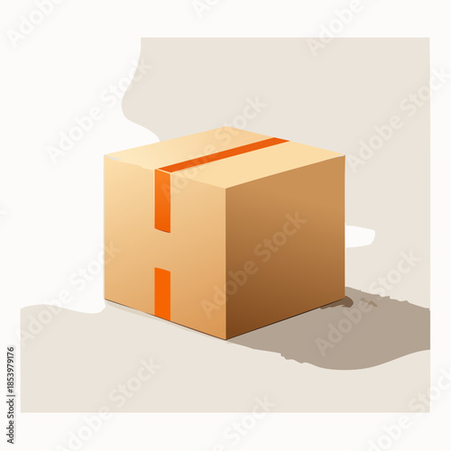 Stylized brown cardboard delivery box featuring prominent orange sealing tape, ideal for illustrating concepts related to shipping, packaging, e-commerce, and logistics