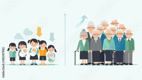 Generational contrast showing young children and elderly people.