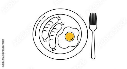 A minimalist line art icon of a breakfast plate with two sausages and a sunny-side-up fried egg next to a fork for a food menu design.