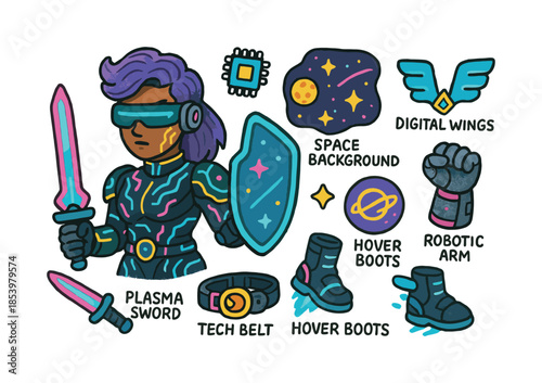 Sci-fi equipment flat icon set. featuring plasma sword, tech belt, digital wings, hover boots, robotic arm.