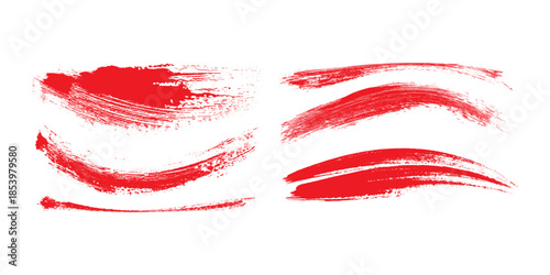Straight red ink vector lines pack. Bloody color long and round hand-drawn brushstroke text highlights, frames, circles. Asian calligraphy modern