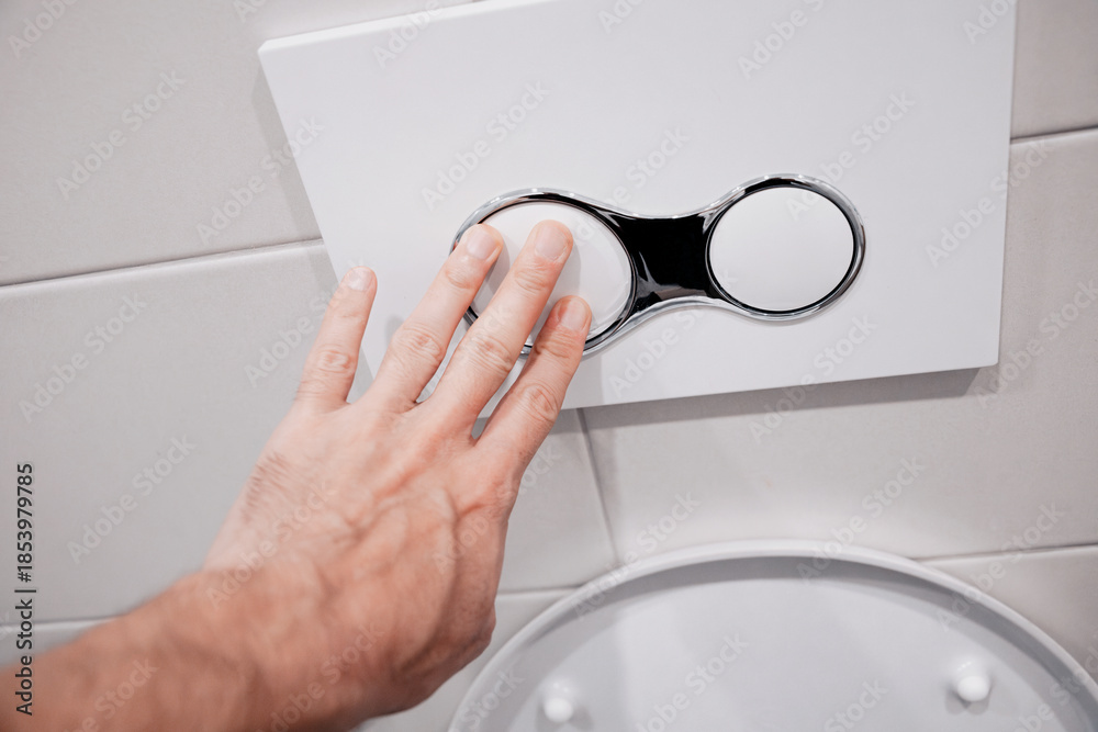 Ταπετσαρία Hand pressing the dual flush button on a modern toilet, emphasizing hygiene and