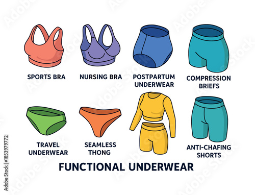 Functional underwear flat icon set. featuring sports bra, nursing bra, postpartum underwear, compression briefs, travel underwear, seamless thong, anti-chafing shorts.