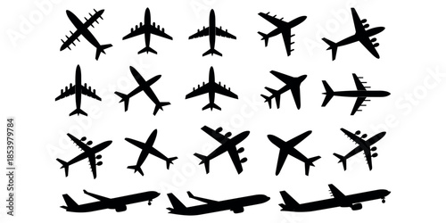 various airplanes silhouettes against airplane, aircraft, silhouette