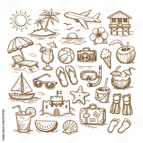 Summer Travel and Vacation Line Art Icon Set Featuring Beach, Holiday, and Tourism Objects in Hand Drawn Outline Style Vector Illustration