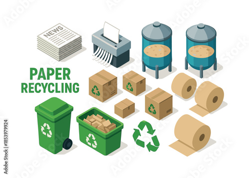 Recycling process flat icons set. featuring newspaper, shredder, bins, boxes, tanks, and paper rolls