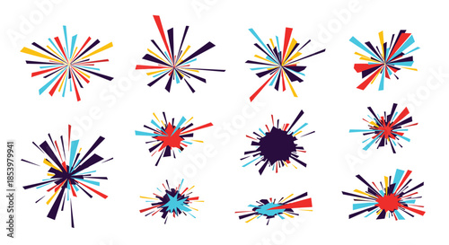 A dynamic set of twelve abstract explosion or sunburst elements with colorful sharp geometric rays for creating a sense of impact and celebration.