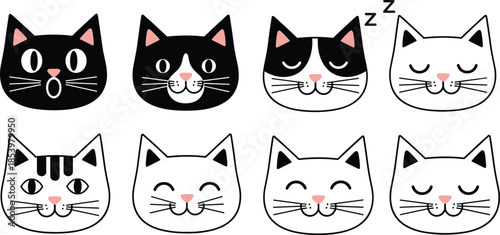 Black cat vector set, sleek feline silhouette with blue eyes for logo, tattoo and design