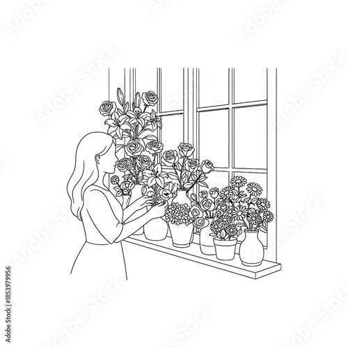 Woman arranging flowers in vases on a windowsill in line art style Keywords: woman, girl, flowers