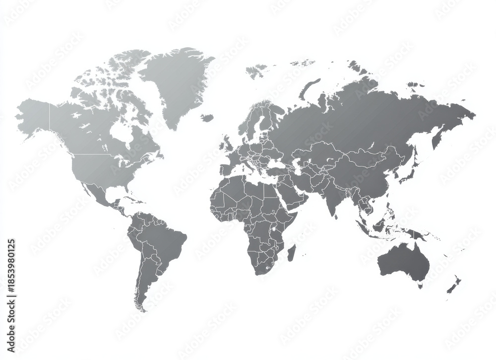 Naklejka premium Flat gray vector illustration of world map on white background, showcasing continents and countries in minimalist style. This design is perfect for educational and decorative purposes