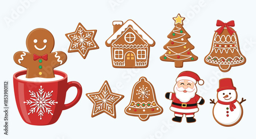 A festive collection of Christmas gingerbread cookies including a man in a mug Santa snowman and a house isolated on a light background.