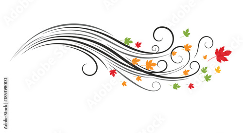 A dynamic abstract swirl of wind blowing colorful red orange and yellow autumn maple leaves across a clean white background design element.