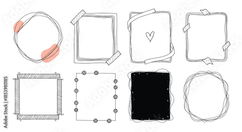 A set of eight creative hand-drawn doodle frames and borders in a black line art style with tape and ribbon details for adding text.