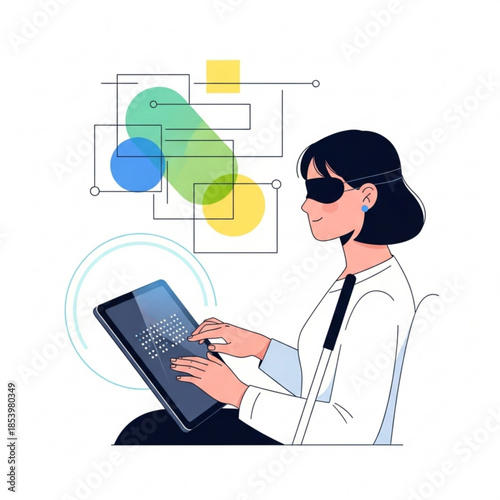 Blind woman using tablet with assistive technology concept of digital inclusion and accessibility for visually impaired peopl