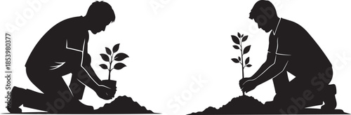 Man Planting Tree Silhouette Environmental Conservation and Growth Concept, Man Silhouette Planting a Sapling, Environmental Awareness Concept