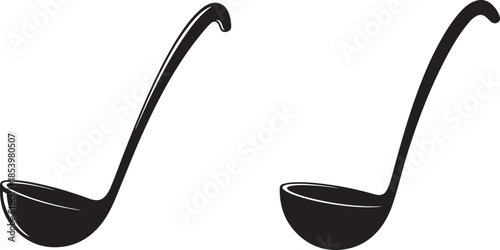 Black Ladle Silhouette Kitchen Utensil Cooking Illustration. Black and white silhouette of a kitchen ladle, a common utensil for serving liquids and soups.