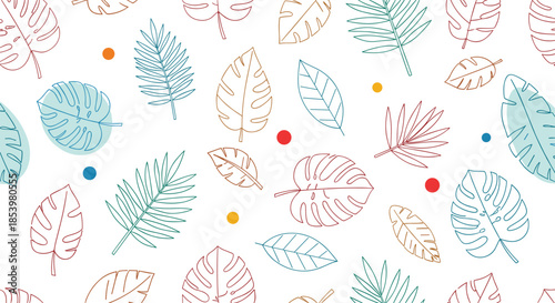 A seamless summer pattern of colorful dashed line art tropical leaves with decorative dots on a clean white background for textile designs.