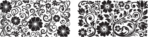 Decorative floral silhouette borders and ornamental flourish swirls in black vector style isolated on transparent background