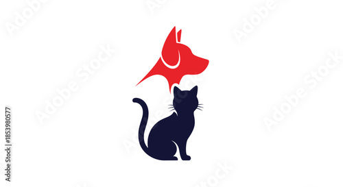 A modern and minimalist logo design featuring a red dog head silhouette positioned above a blue sitting cat for a pet business or veterinary clinic.