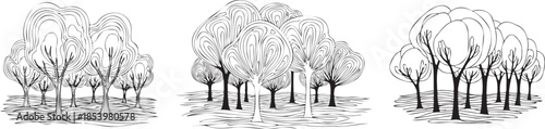 Hand drawn line art forest trees and nature landscape sketch vector illustration set isolated on transparent background.