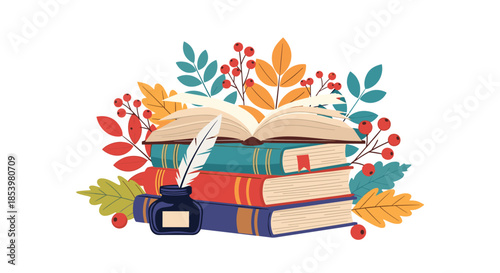 An autumn-themed composition with a stack of books a quill pen and inkwell surrounded by colorful fall leaves and red berries for a cozy feel.