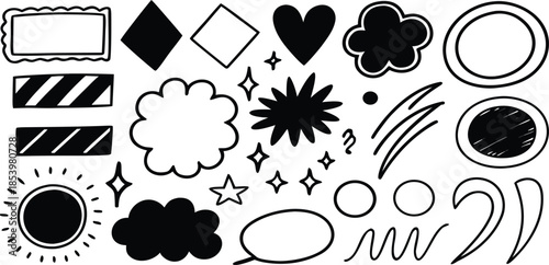 A collection of 20th century comic style clip art shapes and objects