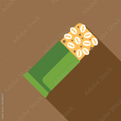 Nutritious protein bar with oat flakes coming out of green packaging on a brown background