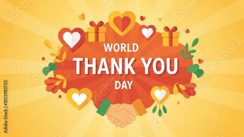 World Thank You Day: A vibrant illustration promoting the spirit of gratitude, adorned with heart shapes and gift boxes. This artwork encapsulates the essence of appreciation and goodwill.