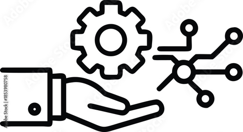 Vector illustration of a technical and cogwheel icon on top of a hand representing mechanical engineering and industrial machinery concepts for business teamwork and power