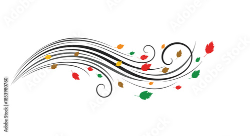 A decorative and dynamic abstract swirl representing wind blowing a flurry of colorful autumn leaves on a white background for seasonal designs.