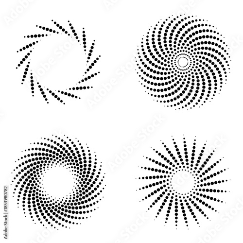 Abstract Halftone Dot Patterns: Dynamic Spiral and Radial Geometric Graphic Elements