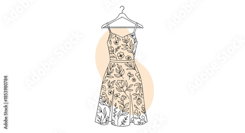 A beautiful summer dress with a delicate floral pattern hanging on a clothes hanger presented in a minimalist line art style for fashion concepts.
