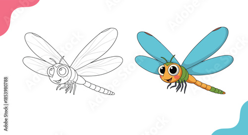A cute cartoon dragonfly coloring page for children shown next to its completed colorful blue and green version for creative fun and learning.