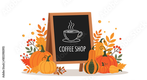 An autumn-themed coffee shop advertisement on a chalkboard easel surrounded by pumpkins colorful fall leaves and red berries for seasonal promotions.