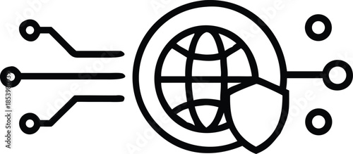 Vector illustration of a silhouette circuit integrated with a global network shield icon to symbolise secure web communication for business