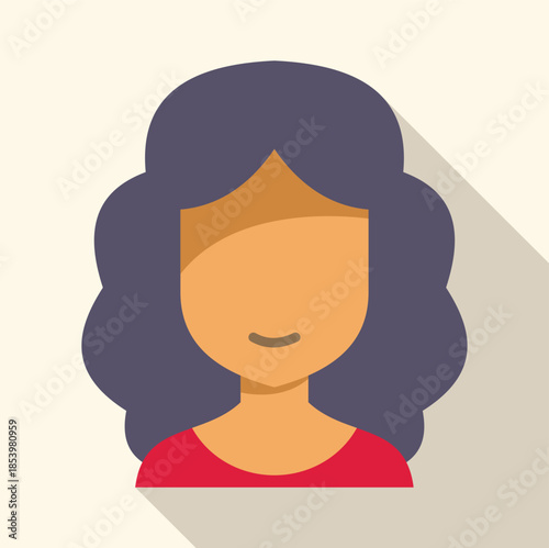 Flat design illustration featuring a smiling woman with long, wavy dark hair and a red dress, conveying a friendly and approachable image