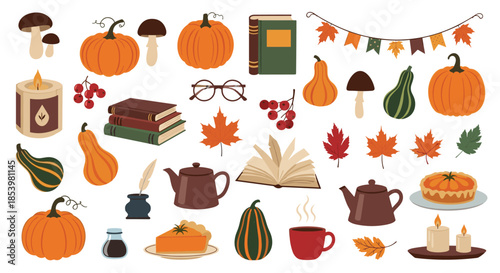 A large collection of cozy autumn-themed elements including pumpkins books candles teapots and pies for seasonal fall decoration projects.