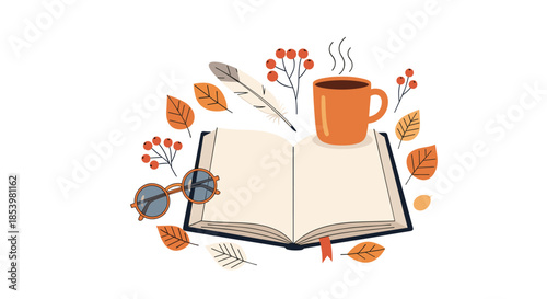 A cozy autumn reading concept with an open book a steaming mug glasses and a quill surrounded by colorful fall leaves and berries on white.