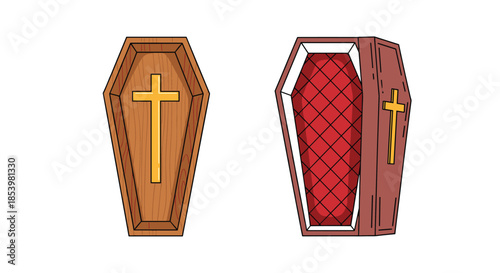 Set of two wooden coffin illustrations, one closed from a top-down view and one open with red lining, both with a golden cross.