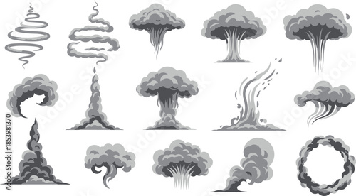 Smoke cloud sketch, explosion shapes, atmospheric effects, visual impact, grayscale texture, cad drawing flat vector illustration