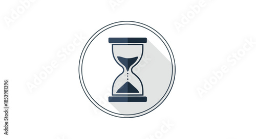 Flat design icon of an hourglass with a long shadow, set inside a double circle on a white background, symbolizing time.