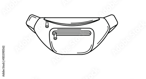 Minimalist black and white line art illustration of a zippered fanny pack, a popular retro and modern fashion accessory also known as a waist bag.