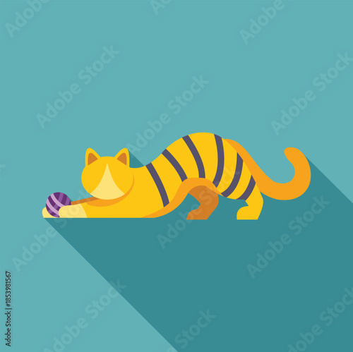 Playful striped cat reaching for yarn ball, stretching and playing on turquoise background