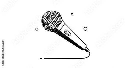 Classic black and white line art illustration of a handheld dynamic microphone with a cord, used for singing, podcasts, and public speaking.