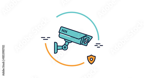 Modern colored line art icon of a CCTV camera with a security shield, enclosed in circular elements, symbolizing surveillance and protection.