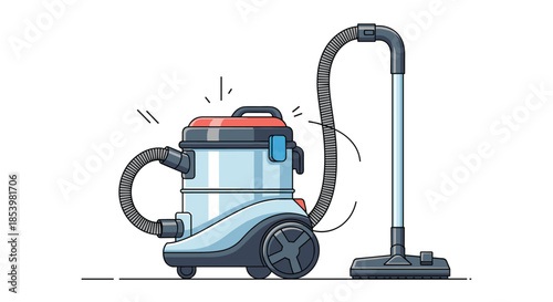 Detailed cartoon vector illustration of a modern canister vacuum cleaner with its hose and nozzle, representing household cleaning appliances.