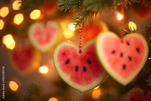 Watermelon heart ornaments on christmas tree