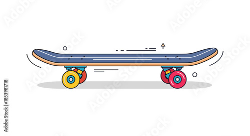 Stylish line art illustration of a skateboard with colorful wheels and motion lines, capturing the essence of skate culture and urban sports.