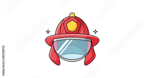 Shiny cartoon vector illustration of a red firefighter helmet with a protective visor, symbolizing the fire department and rescue services.