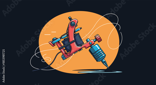 Detailed vector illustration of a professional rotary tattoo machine with a needle, set against an orange circle on a dark background.